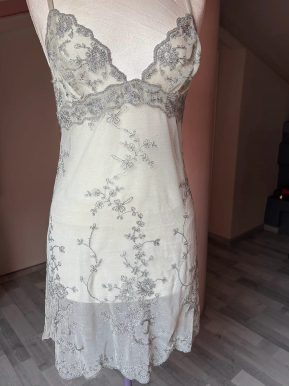 Sheer Lace Slip Dress - White with Silver Embroidery